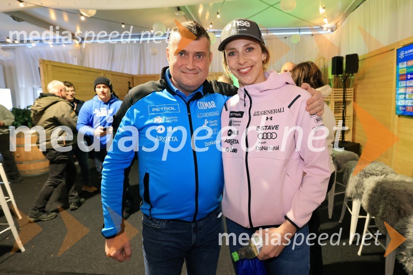  Janez Bijol,  direktor podjetja Bijol d.o.o., predsednik Zbora alpskih disciplin, Smučarska zveza Slovenije;  Ana Bucik Jogan, smučarkaFIS SP v smučanju za ženske Kranjska Gora 2026 - Novinarska konferenca pred tekmo