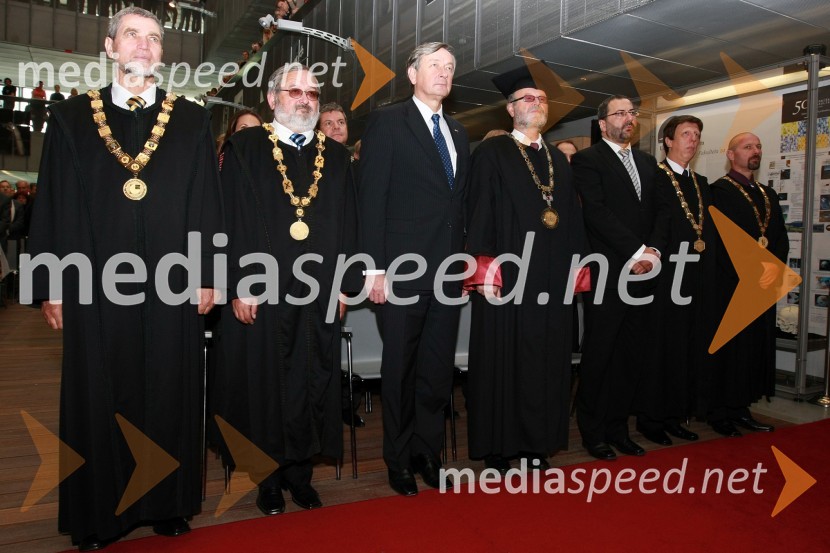 Prof. dr. Ludvik Trauner, dekan Fakultete za gradbeništvo UM, prof. dr. Igor Tičar, dekan Fakultete za elektrotehniko, računalništvo in informatiko (FERI) UM, dr. Danilo Türk, predsednik Republike Slovenije, prof. dr. Ivan Rozman, rektor Univerze v Mariboru, dr. József Györkös, državni sekretar Ministrstva za visoko šolstvo, znanost in tehnologijo, prof. dr. Željko Knez, dekan Fakultete za kemijo in kemijsko tehnologijo UM in prof. dr. Niko Samec, dekan Fakultete za strojništvo UM50. obletnica tehniških fakultet Univerze v Mariboru