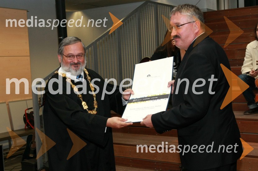 Prof. dr. Igor Tičar, dekan Fakultete za elektrotehniko, računalništvo in informatiko (FERI) UM in mag. Viljem Pozeb, direktor DEM (Dravske elektrarne Maribor)50. obletnica tehniških fakultet Univerze v Mariboru