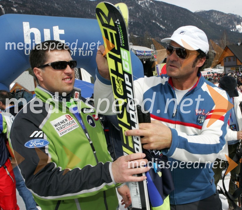 Mitja Kunc, nekdanji smučar in Alberto Tomba, nekdanji italijanski smučarJure Košir, poslovilna tekma