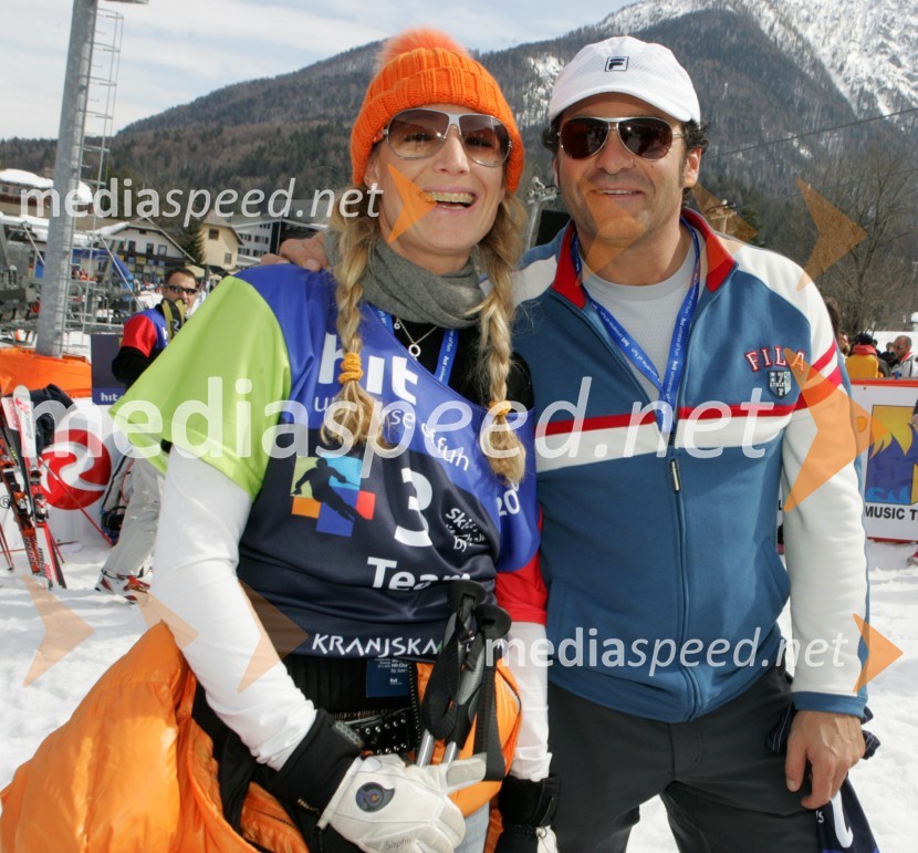 Urška Hrovat, nekdanja slovenska smučarka in Alberto Tomba, nekdanji italijanski smučarJure Košir, poslovilna tekma