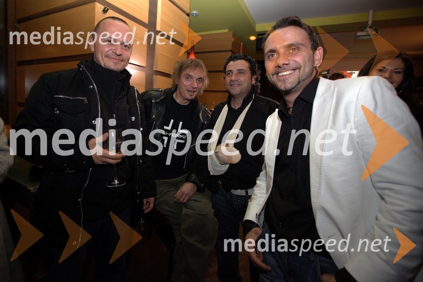 Nikola Sekulovič, basist skupine Dan D, Jani Lah, glasbenik, Jože Kontrec in Mišo Kontrec, člana skupine LangaSkupina Langa, promocija novega albuma Sunac