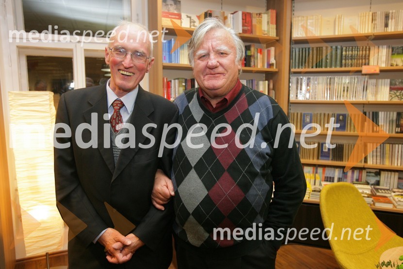 Milan Matos, predsednik nadzornega sveta Mladinske knjige Trgovine ter nekdanji direktor Mladinske knjige Založbe in Tone Partljič, pisateljMladinska knjiga, odprtje Mestne knjigarne Maribor