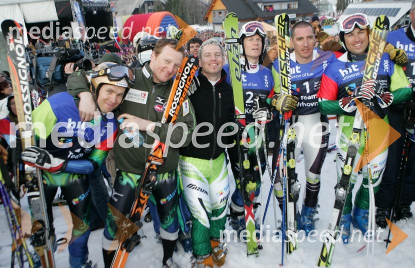 Mitja Valenčič, Drago Grubelnik, Rene Mlekuž, Bernard Vajdič, Matjaž Vrhovnik in Mitja Kunc, smučarjiJure Košir, poslovilna tekma