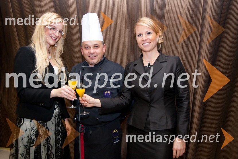 Katja Blažič, direktorica agencije Novelus, Branko Podmenik, lastnik srebrne medalje v kulinariki, šef kuhinje v restavraciji Borbona in Jasna Žaler, vodja sektorja za odnose z javnosjo na agenciji NovelusSvečana večerja z izbranimi šampanjci iz kleti Veuve Clicquot