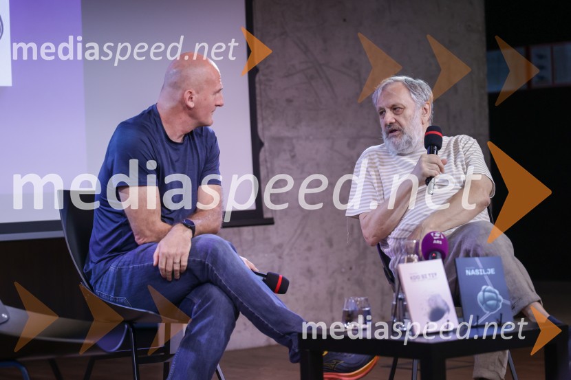 dr. Peter  Klepec, filozof, raziskovalec na Filozofskem inštitutu ZRC; dr. Slavoj Žižek, filozofSlavoj Žižek, predstavitev nove knjige Kdo si ti?