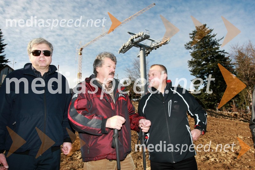 Andrej Verlič, podžupan Mestne občine Maribor, Drago Rataj, direktor Športnega centra Pohorje in Franc Kangler, župan Mestne občine MariborNova Pohorska vzpenjača - gondola, helikoptersko postavljanje stebrov