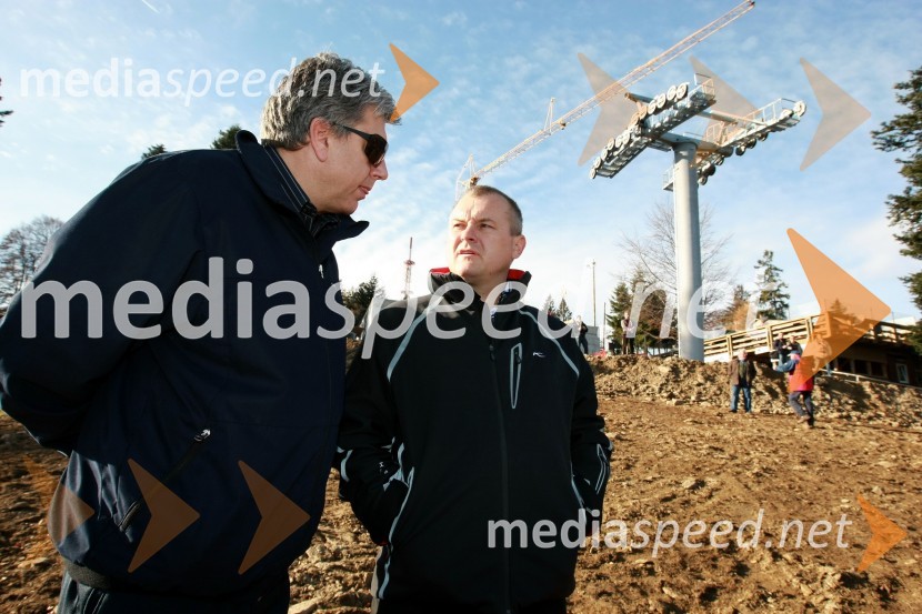 Andrej Verlič, podžupan Mestne občine Maribor in Franc Kangler, župan Mestne občine MariborNova Pohorska vzpenjača - gondola, helikoptersko postavljanje stebrov