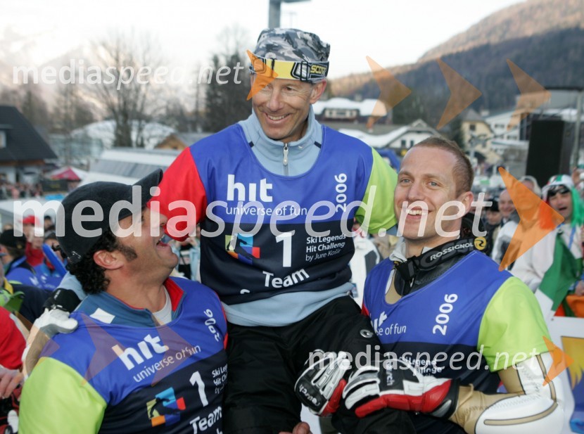 Alberto Tomba, nekdanji italijanski smučar, Ingemar Stenmark, nekdanji švedski smučar in Jure KoširJure Košir, poslovilna tekma