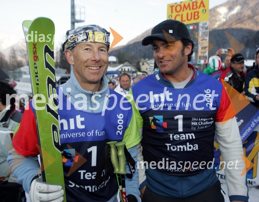 Ingemar Stenmark, nekdanji švedski smučar in Alberto Tomba, nekdanji italijanski smučarJure Košir, poslovilna tekma