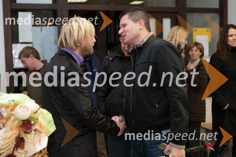 Matjaž Javšnik, igralec in Marko Kolbl, lastnik Radia Center in direktor podjetja EuroplakatOptimist, premiera