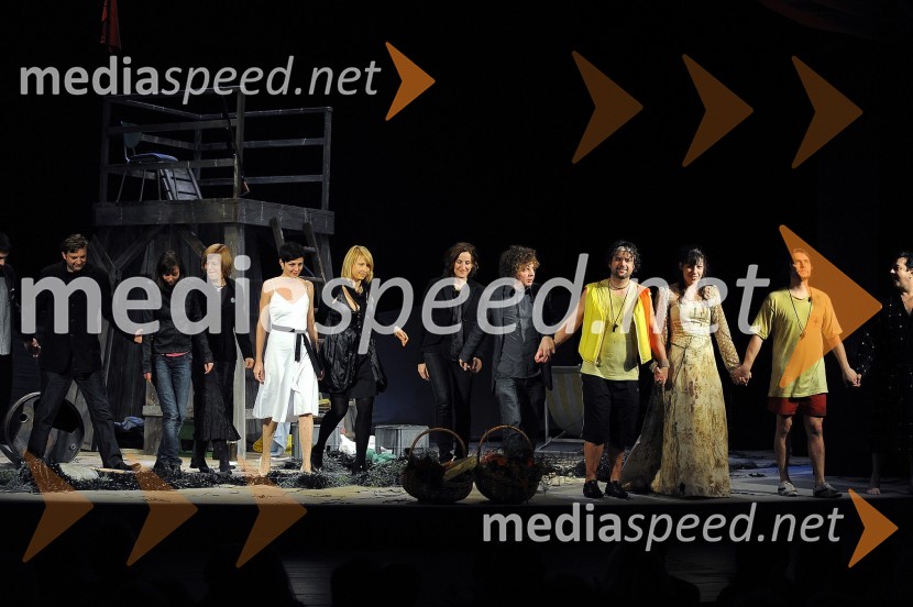 Marko Japelj, scenograf, Vesna Krebs, avtorica video projekcij, Tina Mahkota, prevajalka, Maja Ballund, kostumografinja, Tatjana Doma, dramaturginja, Bridget O' Connor, avtorica besedila, Matjaž Latin, režiser, Vojko Belšak, Minca Lorenci, Andrej Murenc in Renato Jenček, igralci SLG CeljeZastave, premiera komične drame v SLG Celje