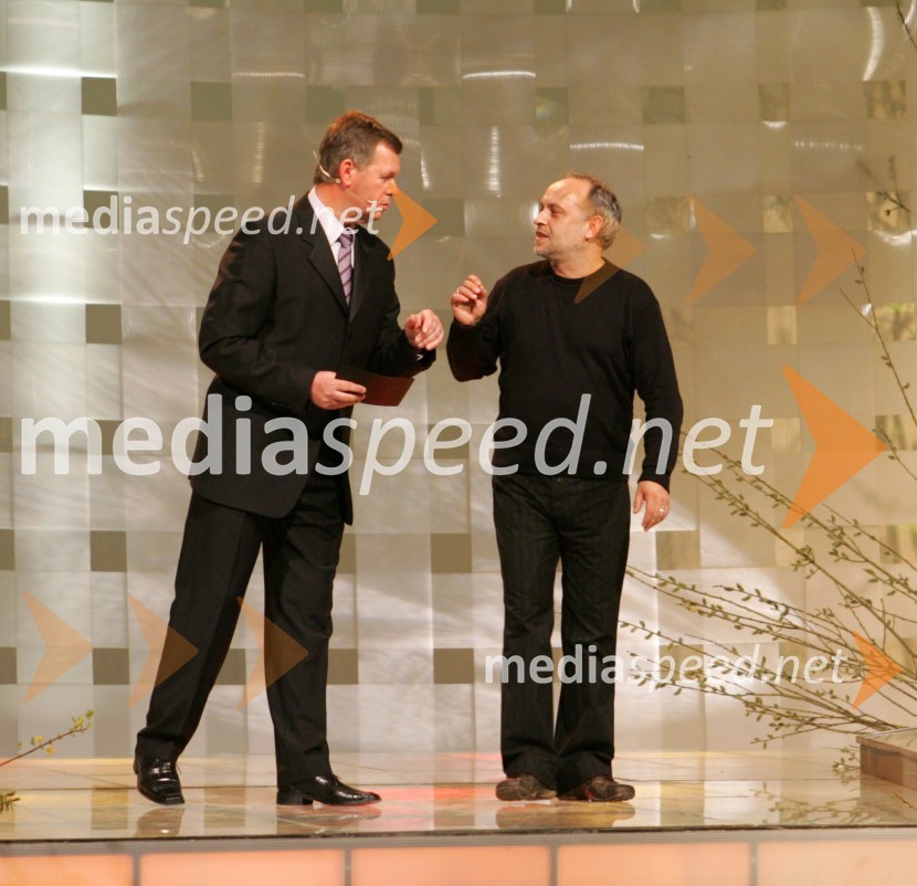 Boris Kopitar, voditelj in Feri Lainšček, pisatelj in član strokovne žirijeSlovenska polka in valček