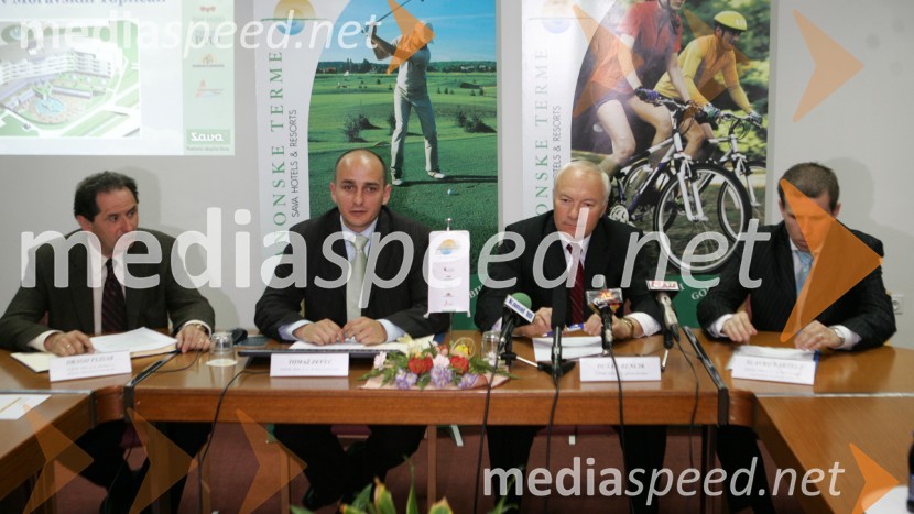 Drago Flisar, direktor za tehnični dejavnost in investicije, podjetje Terme 3000 d.d., Tomaž Pevec, direktor za marketing, Terme 3000 d.d., Dušan Bencik, glavni direktor Terme 3000 d.d., in Slavko Fartelj, direktor za kadre, organizacijo in pravne zadeve , podjetje Terme 3000 d.d., Moravske toplicePredstavitev Hotel Livada Prestige - 5 zvezdic, Terme 3000