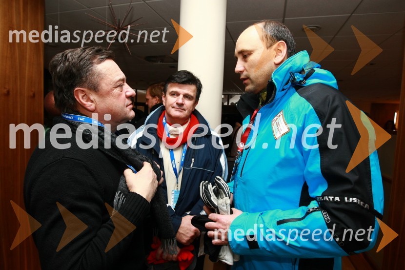 Zoran Janković, župan Ljubljane, mag. Blaž Kavčič, predsednik Državnega sveta RS in Matjaž Kovačič, predsednik uprave Nove KBM46. Zlata lisica, druženje na Snežnem stadionu in VIP šotoru