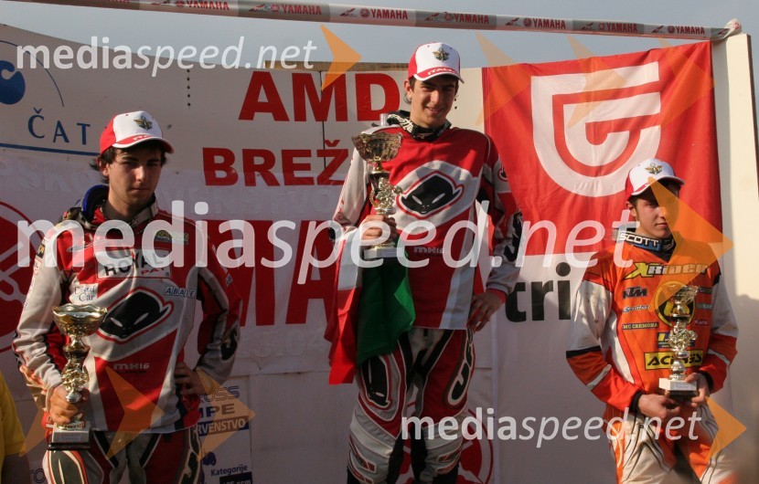 Zmagovalci dirke: Pierfilippo Bertuzzo, Marco Madii in Gianluca Martini (vsi Italija)MOTOKROS, EP junior do 125 ccm, Brežice
