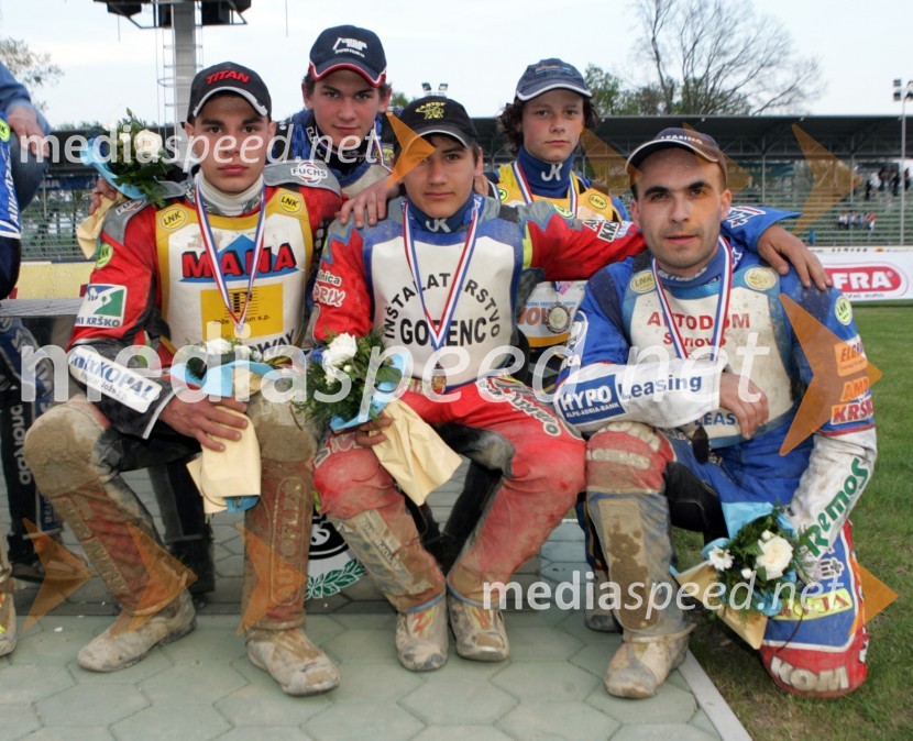Ekipa AMD Krško: Davor Volk, Matija Duh, Samo Kukovica, Aleksander Čonda in Izak ŠantejSPEEDWAY, 2. dirka DP ekip Slovenije, Avstrije in Hrvaške