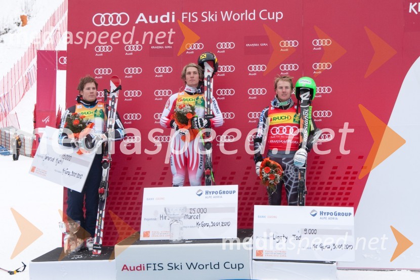 Kjetil Jansrud, smučar (Norveška), drugouvrščeni na veleslalomu za 49. Pokal Vitranc, Marcel Hirscher, smučar (Avstrija) in zmagovalec veleslaloma za 49. Pokal Vitranc ter Ted Ligety, smučar (ZDA), tretjeuvrščeni na veleslalomu za 49. Pokal Vitranc49. Pokal Vitranc 2010, veleslalom