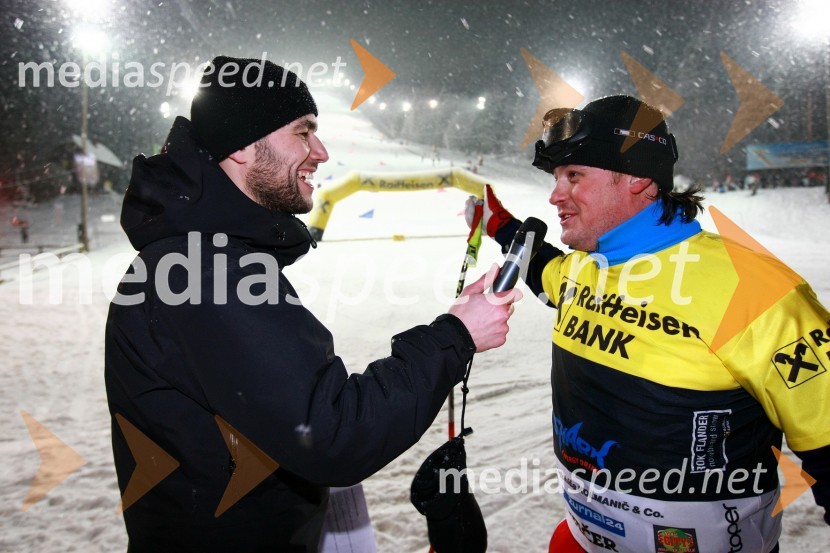 Matej Obu, povezovalec prireditve in Peter Pen, pomočnik trenerja za hitre discipline v hrvaški smučarski reprezentanciRok Flander Snowboard show 2010