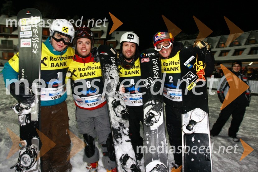 Rok Flander, deskar na snegu, Silvan Dofour (Francija), Andi Prommegger (Austrija) in Benjamin Karl (Austrija)Rok Flander Snowboard show 2010