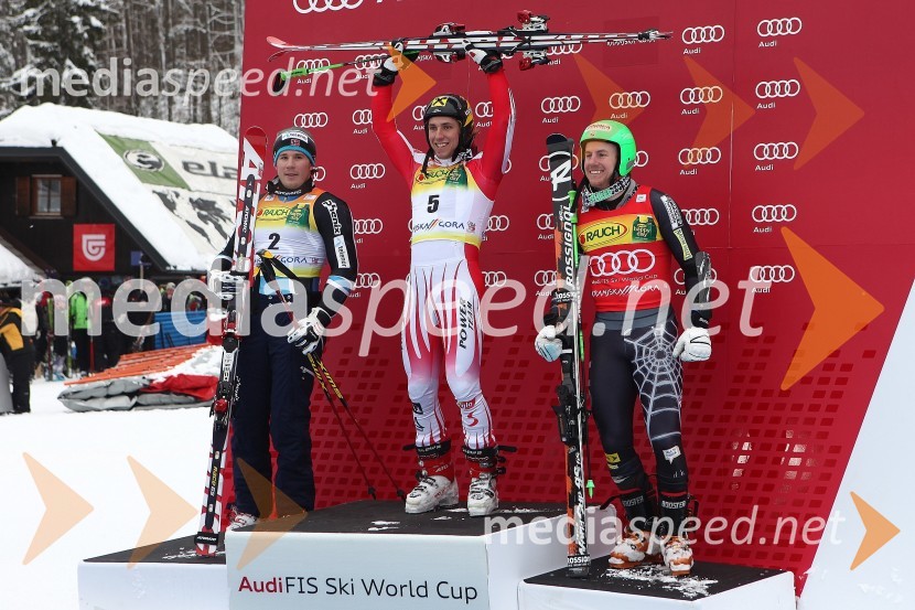 Kjetil Jansrud, smučar (Norveška), drugouvrščeni na veleslalomu za 49. Pokal Vitranc, Marcel Hirscher, smučar (Avstrija) in zmagovalec veleslaloma za 49. Pokal Vitranc ter Ted Ligety, smučar (ZDA), tretjeuvrščeni na veleslalomu za 49. Pokal Vitranc49. Pokal Vitranc 2010, veleslalom