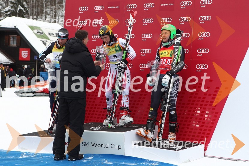 Kjetil Jansrud, smučar (Norveška), drugouvrščeni na veleslalomu za 49. Pokal Vitranc, Marcel Hirscher, smučar (Avstrija) in zmagovalec veleslaloma za 49. Pokal Vitranc, Ted Ligety, smučar (ZDA), tretjeuvrščeni na veleslalomu za 49. Pokal Vitranc ter Igor Lukšič, minister za šolstvo in šport49. Pokal Vitranc 2010, veleslalom