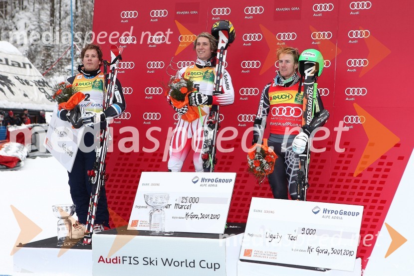 Kjetil Jansrud, smučar (Norveška), drugouvrščeni na veleslalomu za 49. Pokal Vitranc, Marcel Hirscher, smučar (Avstrija) in zmagovalec veleslaloma za 49. Pokal Vitranc ter Ted Ligety, smučar (ZDA), tretjeuvrščeni na veleslalomu za 49. Pokal Vitranc49. Pokal Vitranc 2010, veleslalom