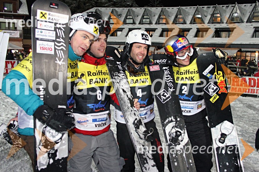 Rok Flander, deskar na snegu, Silvan Dofour (Francija), Andi Prommegger (Austrija) in Benjamin Karl (Austrija)Rok Flander Snowboard show 2010