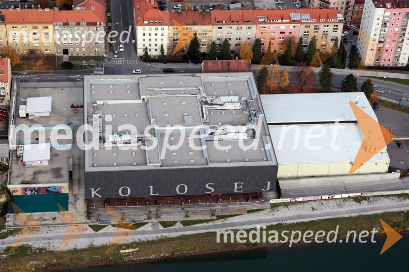 Središče mesta Maribor: Kolosej Maribor in Festivalna dvorana LentSlovenija iz zraka