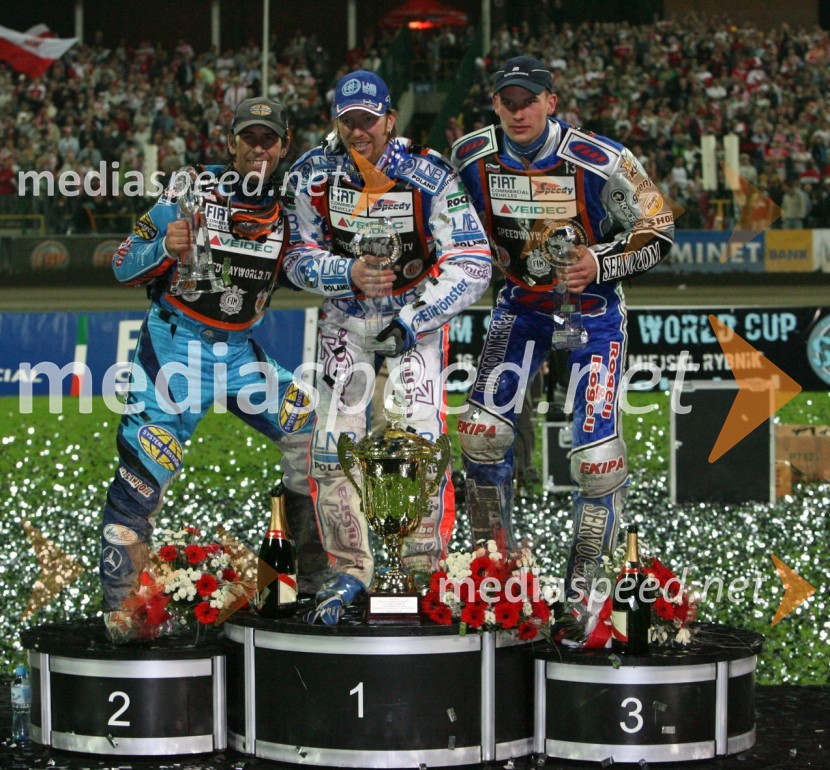 Zmagovalci VN Evrope; 2.mesto Greg Hancock (ZDA), 1.mesto  Jason Crump (Avstralija) in 3.mesto Matej Žagar (Slovenija)SPEEDWAY GRAND PRIX, VN Evrope 2006, dirka