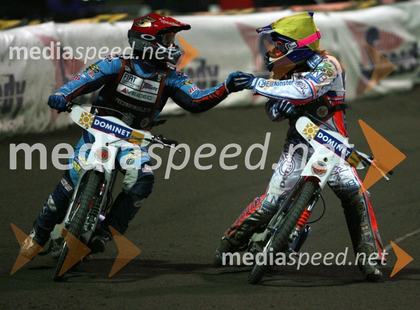 Greg Hancock (ZDA) in Jason Crump (Avstralija) po finalni vožnjiSPEEDWAY GRAND PRIX, VN Evrope 2006, dirka