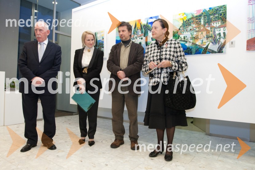 Patrick McCabe, veleposlanik Republike Irske,  	Katjuša Rojac, vodja galerije Loterije Slovenija, Nenad Marasović, akademski slikar in Dunja Bezjak, članica ženskega društva S.I.L.AOdprtje razstave Nenada Marasovića