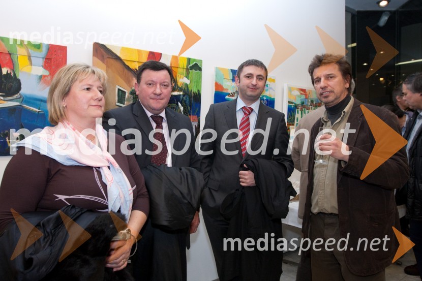 Stanislav Krulić, vojaški ataše na hrvaški ambasadi in soproga Ksenija, Ivan Sabolič, Hrvaška ambasada in Nenad Marasović, akademski slikarOdprtje razstave Nenada Marasovića