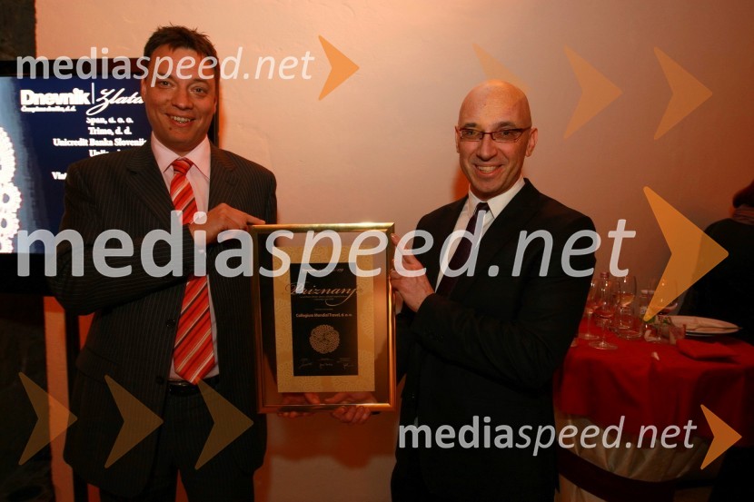 Sandi Kuplen in Hugo Baus, člana uprave Collegium Mondial Travel d.o.o.Zlata nit 2009, slavnostna razglasitev najboljših zaposlovalcev leta 2009