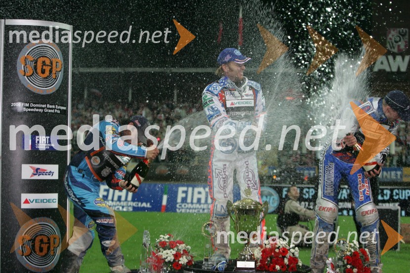 Greg Hancock (ZDA), Jason Crump (Avstralija) in Matej Žagar (Slovenija)SPEEDWAY GRAND PRIX, VN Evrope 2006, dirka