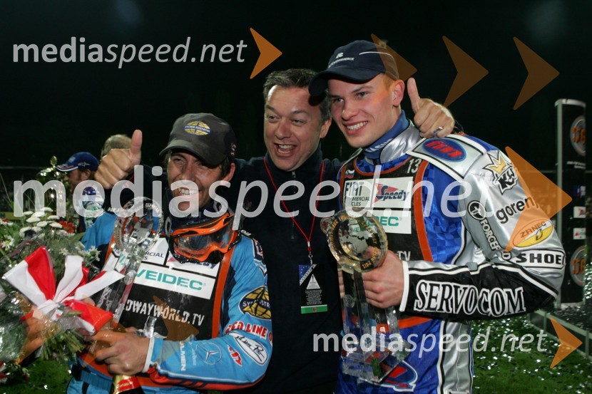 Greg Hancock (ZDA),John Postlethwaite - drektor podjetja BSI    in Matej Žagar (Slovenija)SPEEDWAY GRAND PRIX, VN Evrope 2006, dirka