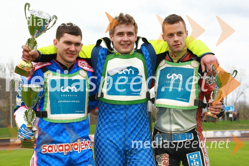 Matija Duh, Aljoša Remih in Aleksander Čonda (vsi AMD Krško)Speedway, DP mladincev Slovenije, Hrvaške in Madžarske 2010, 1. dirka