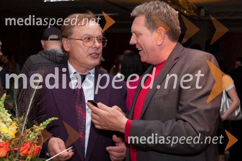 Franci Rebernik, član ansambla Fantje iz Praprotna in Rudi Šantl, pevec16. Festival Slovenska polka in valček