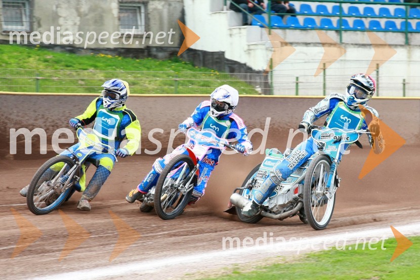 Aljoša Remih (AMD Krško), Matija Duh (AMD Krško) in  	Renato Cvetko (ST Unia Goričan)Speedway, DP mladincev Slovenije, Hrvaške in Madžarske 2010, 1. dirka