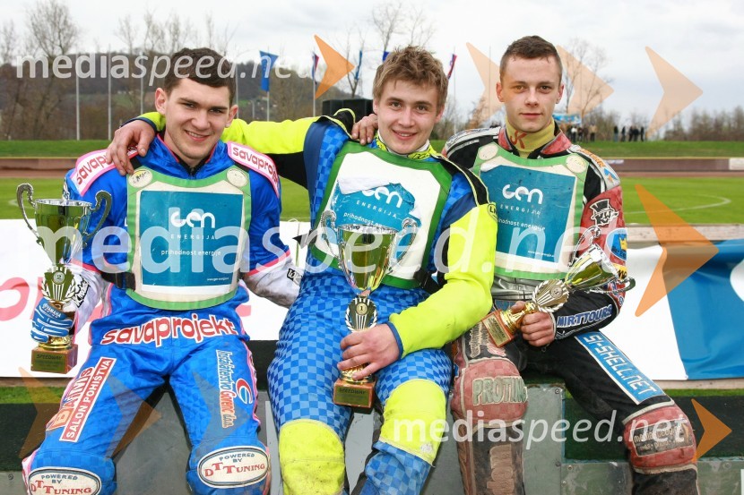 Matija Duh, Aljoša Remih in Aleksander Čonda (vsi AMD Krško)Speedway, DP mladincev Slovenije, Hrvaške in Madžarske 2010, 1. dirka
