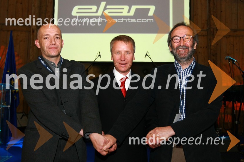Igor Zupan, vodja razvoja in tehnologije v Elan Marine, dr. Robert Ferko, predsednik uprave podjetja Elan d.o.o. in Rob Humphreys, oblikovalec Elanovih plovilEkskluzivna predstavitev jadrnic Elan 350 R - Evolution in Elan impression 444 Evolution