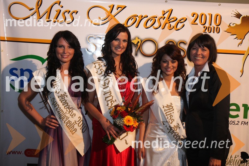 Sandra Adam, prva spremljevalka Miss Koroške 2010, Sandra Skutnik, Miss Koroške 2010, Tanja Volič, druga spremljevalka Miss Koroške 2010 in Miljana Hofbauer, lastnica salona Estetiq HofbauerMiss Koroške 2010 je postala Sandra Skutnik