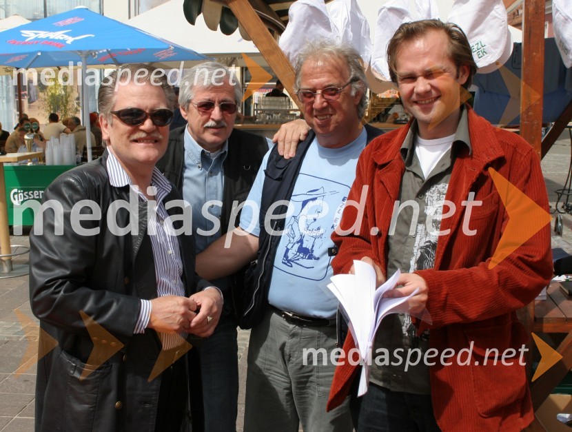 Edvin Fliser, pevec, Danilo Marič, soorganizator in oblikovalec, Drago Sodja Čupi, organizator prireditve in Jure Ivanušič, igralec in glasbenikEzl ek, 3. srečanje