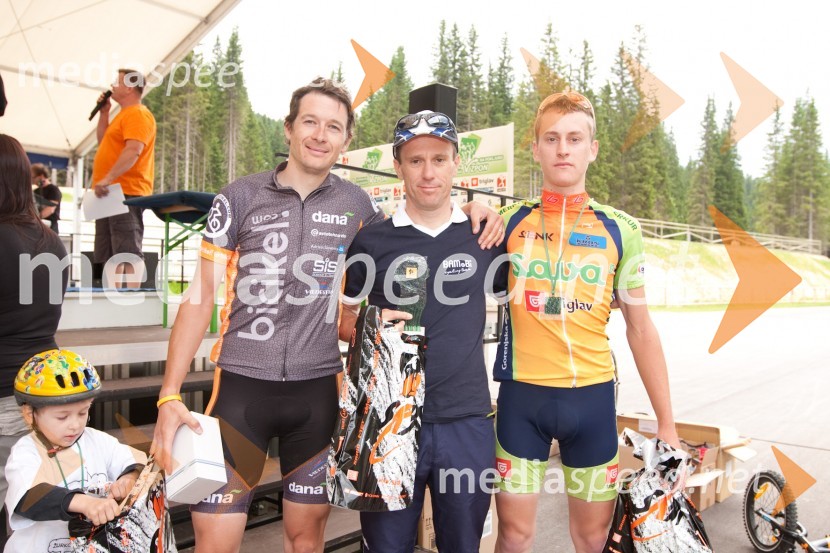 Moški tekmovalci-posamezno: Andrej Lindič, drugo mesto, Borut Vovk, prvo mesto in Aljaž Golob, tretje mesto1. Žurnalov kolesarski vzpon na Pokljuko