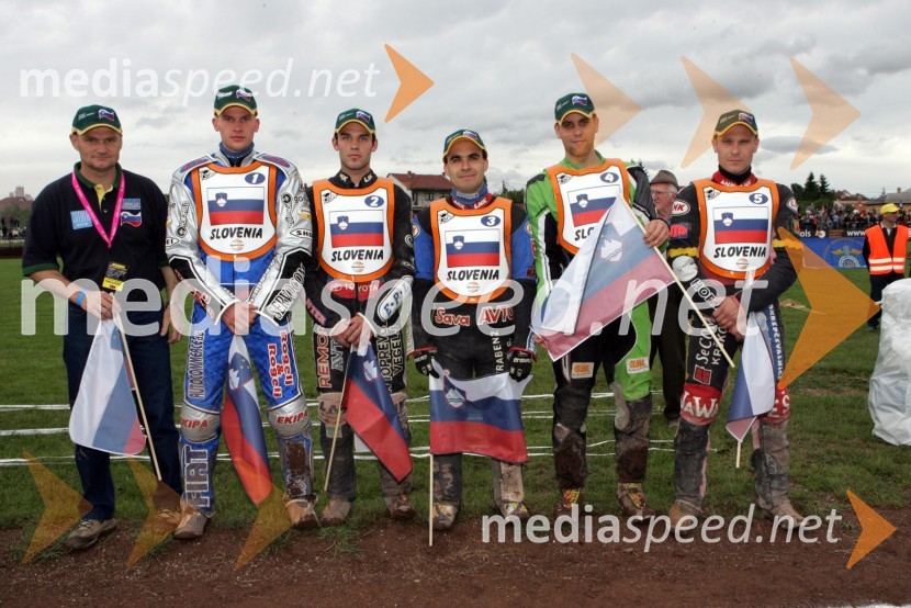 Slovenska ekipa: Franci Kalin, trener, Matej Žagar, Jernej Kolenko, Izak Šantej, Maks Gregorič in Denis ŠtojsSPEEDWAY, svetovno prvenstvo ekip Miškolc, Madžarska