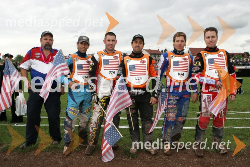 Ameriška ekipa: Richard Child, ameriški speedway selektor, Greg Hancock, Billy Janirro, Ronnie Correy, Sam Ermolenko in Billy HamillSPEEDWAY, svetovno prvenstvo ekip Miškolc, Madžarska