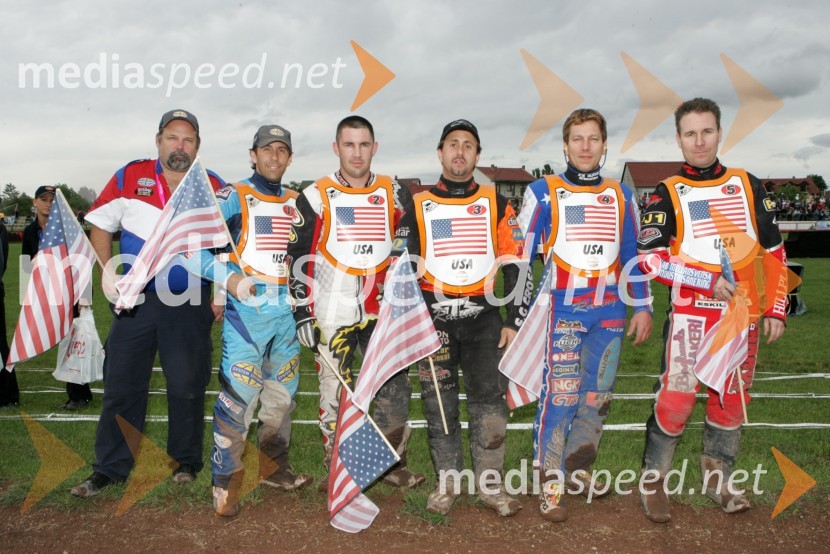 Ameriška ekipa: Richard Child, ameriški speedway selektor, Greg Hancock, Billy Janirro, Ronnie Correy, Sam Ermolenko in Billy HamillSPEEDWAY, svetovno prvenstvo ekip Miškolc, Madžarska