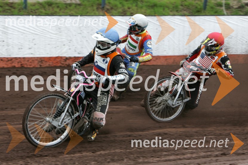 Jernej Kolenko (Slovenija), Zsolt Bencze (Madžarska) in Billy Janirro (ZDA)SPEEDWAY, svetovno prvenstvo ekip Miškolc, Madžarska