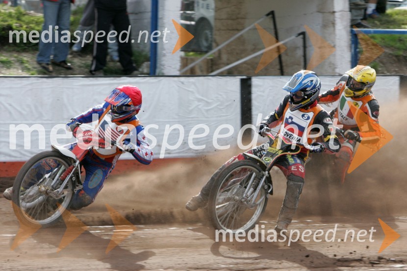 Sam Ermolenko (ZDA), Denis Štojs (Slovenija) in Guglielmo Franchetti (Italija)SPEEDWAY, svetovno prvenstvo ekip Miškolc, Madžarska