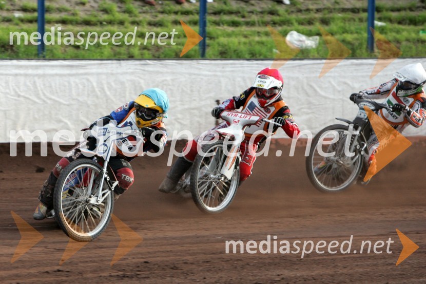 Izak Šantej (Slovenija), Billy Hamill (ZDA) in Norbert Magosi (Madžarska)SPEEDWAY, svetovno prvenstvo ekip Miškolc, Madžarska